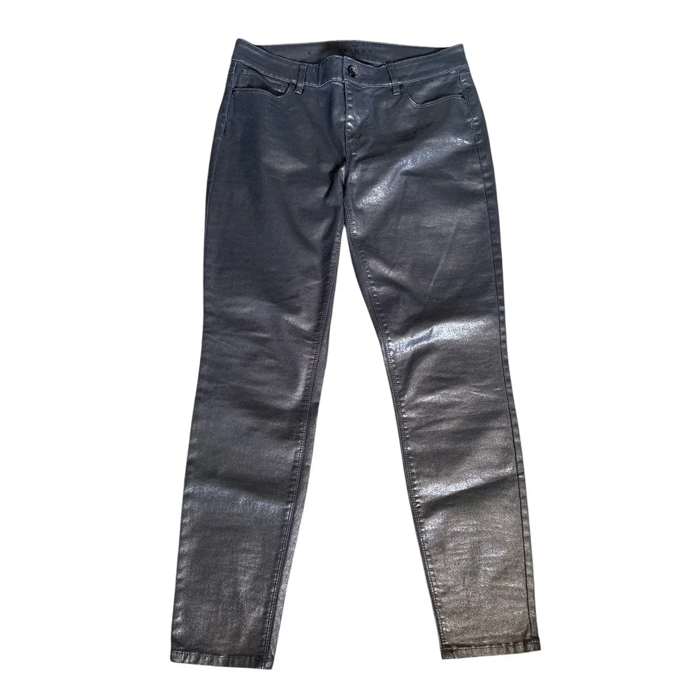 White House Black Market Skinny Ankle Mid Rise Coated Pewter Jeans, Size 6 - Picture 2 of 7